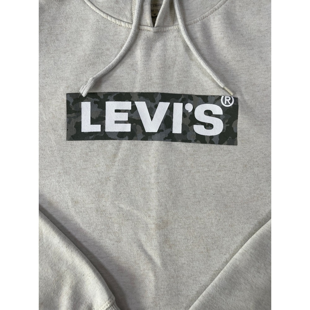 Levis Mens Camo Box Logo Hoodie Oatmeal Heather Fleece Pullover Large - Picture 3 of 9